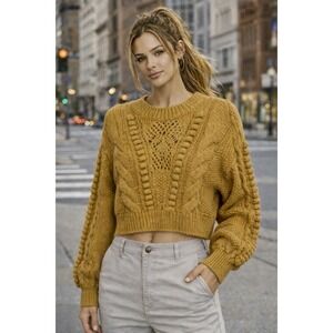 Anthropologie Womens Golden Cable Knit Cropped Sweater Balloon Sleeve Medium